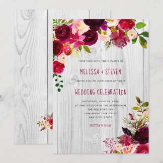Rustic burgundy floral Wedding + white wood Invitation