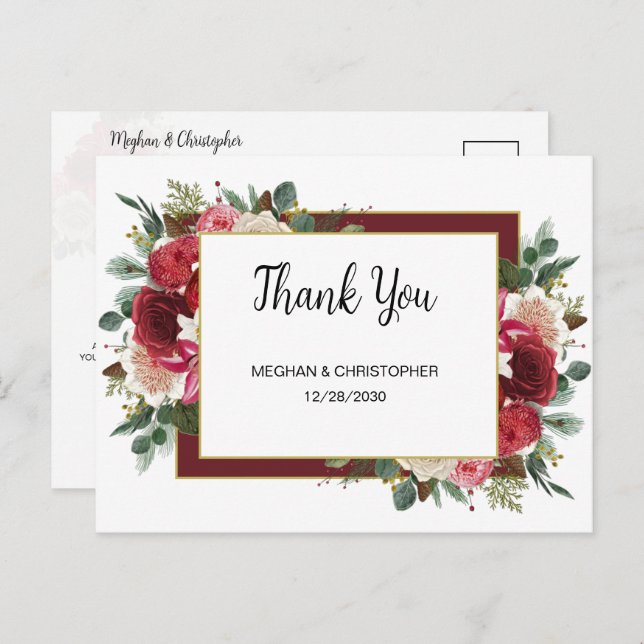 Rustic Burgundy Floral Winter Wedding Thank You Postcard (Front/Back)