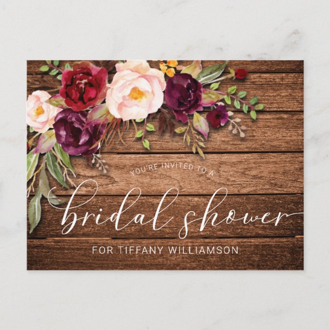 Rustic Burgundy Floral Wood Bridal Shower Invitation Postcard (Front)