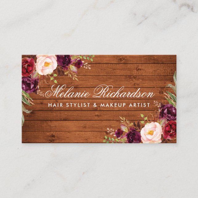 Rustic Burgundy Floral Wood Business Card (Front)