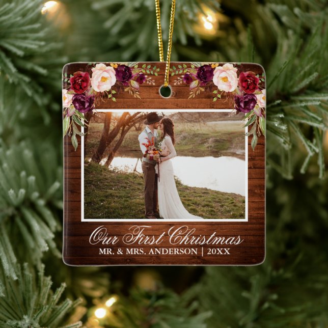 Rustic Burgundy Floral Wood Our First Christmas Ceramic Ornament (Tree)