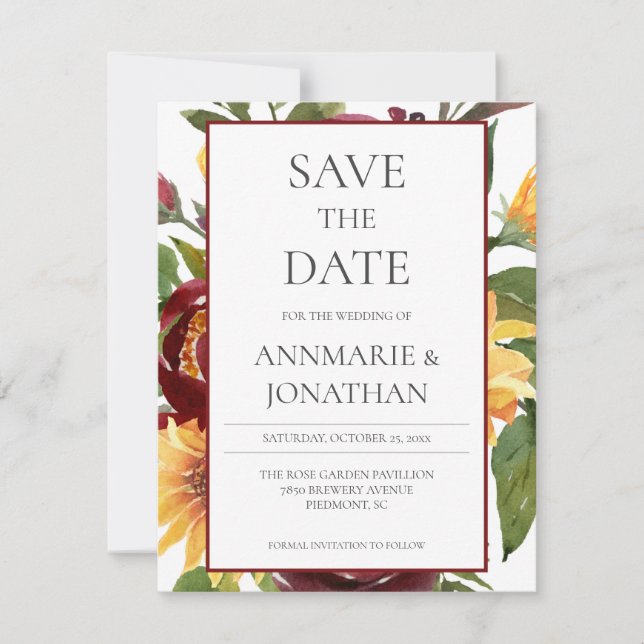 Rustic Burgundy Floral Yellow Sunflowers Save The Date (Front)