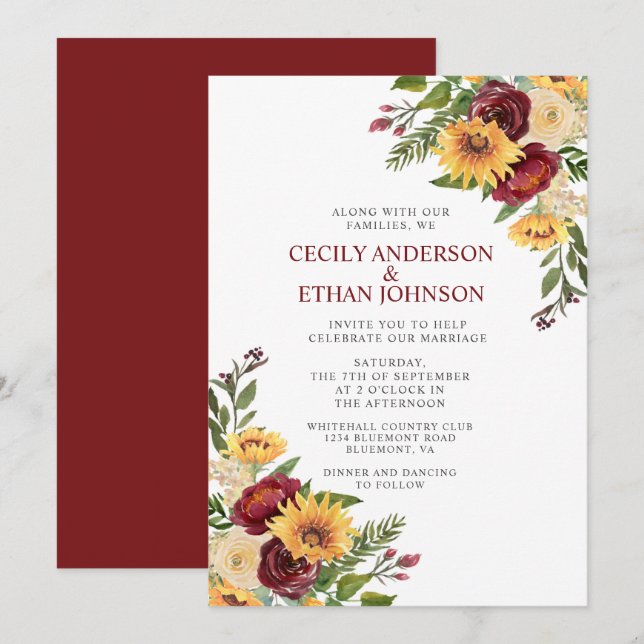 Rustic Burgundy Floral Yellow Sunflowers Wedding Invitation (Front/Back)