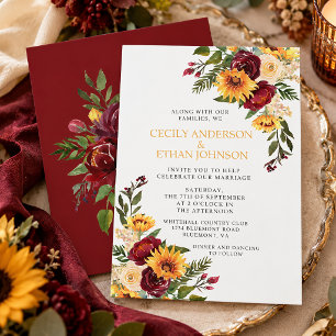Rustic Burgundy Floral Yellow Sunflowers Wedding Invitation