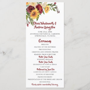 Rustic Burgundy Floral Yellow Sunflowers Wedding Program
