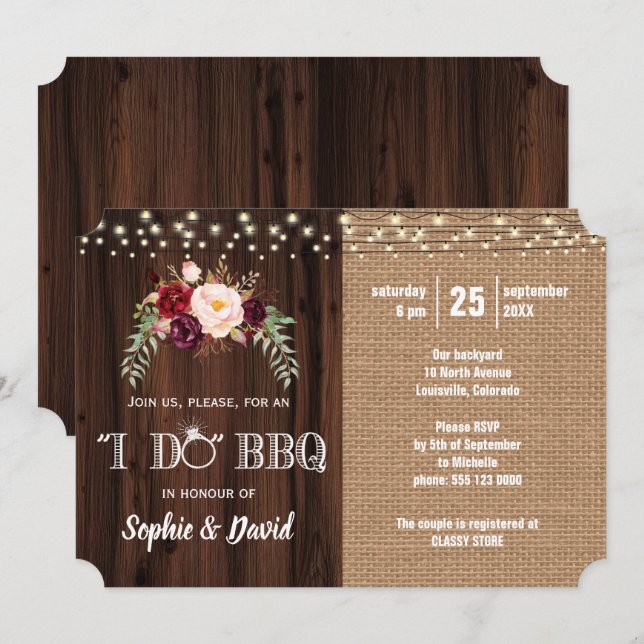 Rustic Burgundy Flowers String Lights I DO BBQ Invitation (Front/Back)