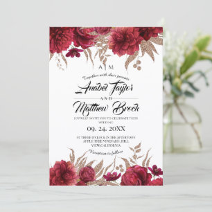 Rustic Burgundy Gold Flowers Floral Wedding Invitation