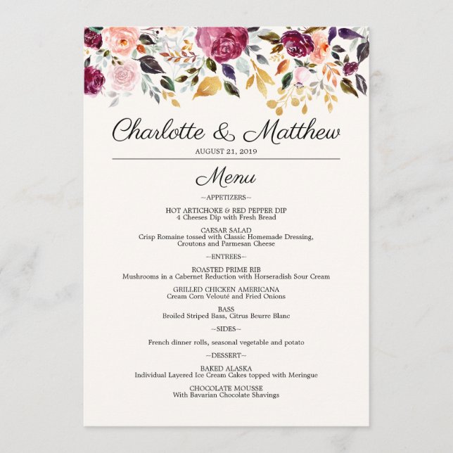 Rustic Burgundy Gold Watercolor Roses Wedding Menu (Front)