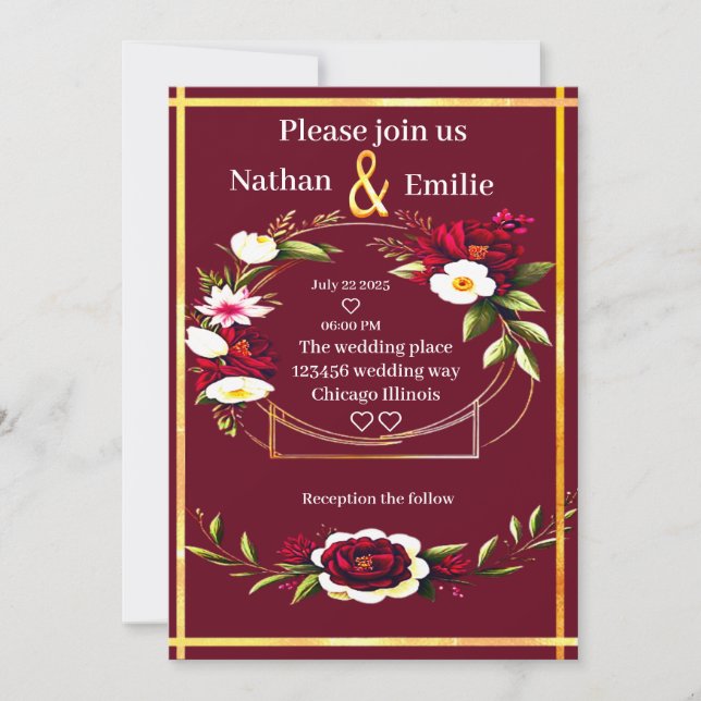 Rustic Burgundy golden romantic wedding Invitation (Front)
