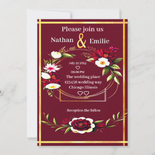 Rustic Burgundy golden romantic wedding Invitation