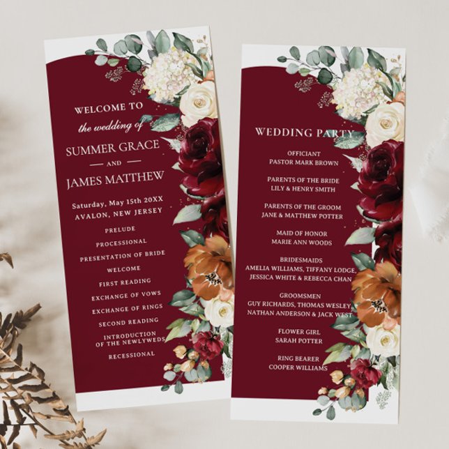 Rustic Burgundy Ivory Burnt Orange Floral Wedding Program (Creator Uploaded)