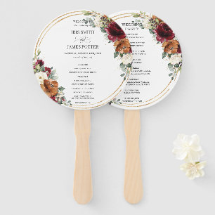 Rustic Burgundy Ivory Floral Rust Wedding Program Hand Fan