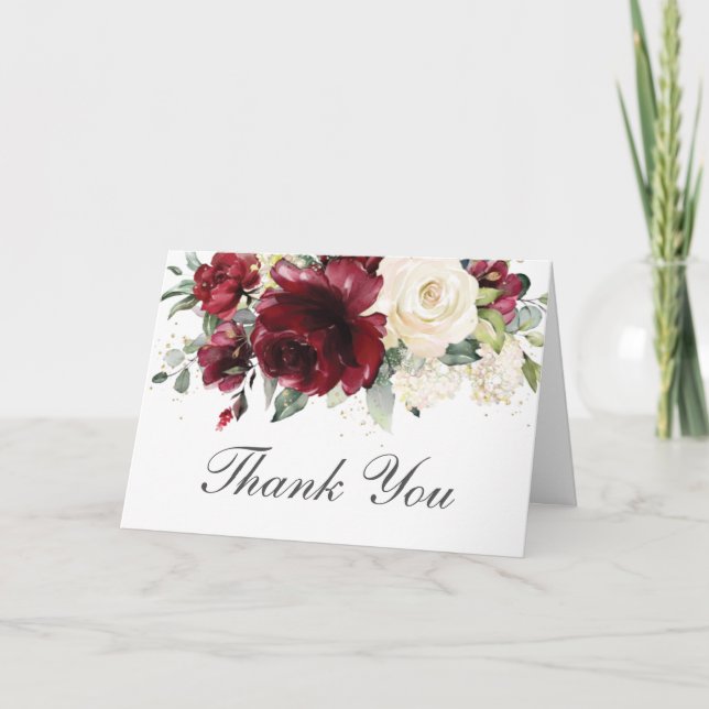 Rustic Burgundy Ivory Floral Wedding Birthday Tent Thank You Card (Front)