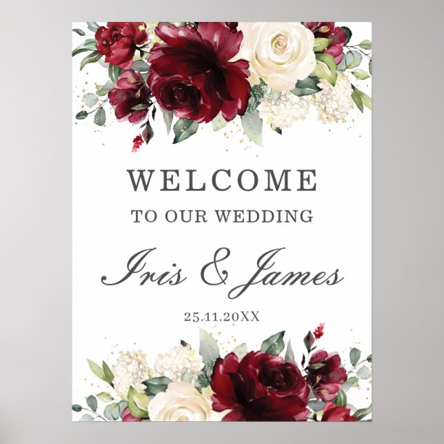 Rustic Burgundy Ivory Floral Wedding Welcome Sign (Front)