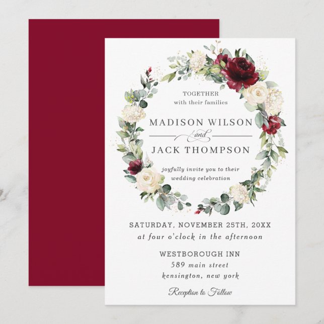Rustic Burgundy Ivory White Floral Wreath Wedding Invitation (Front/Back)
