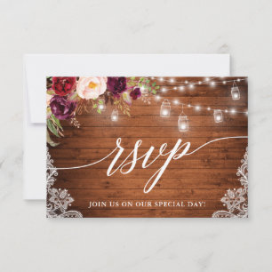Rustic Burgundy Jar Lights Calligraphy Wedding RSVP Card