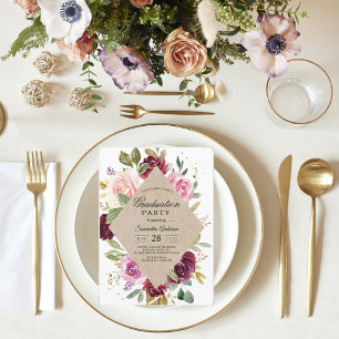 Rustic Burgundy Kraft Floral Graduation Party  Invitation