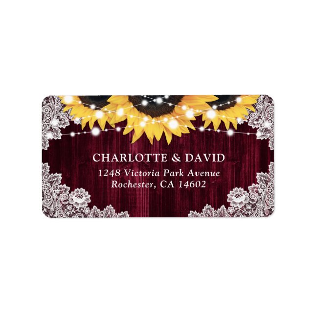 Rustic Burgundy Lace Sunflower Address Labels (Front)