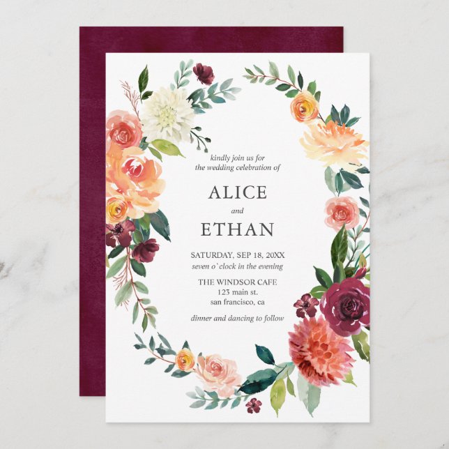 Rustic Burgundy Light Yellow Flowers Wedding Invitation (Front/Back)