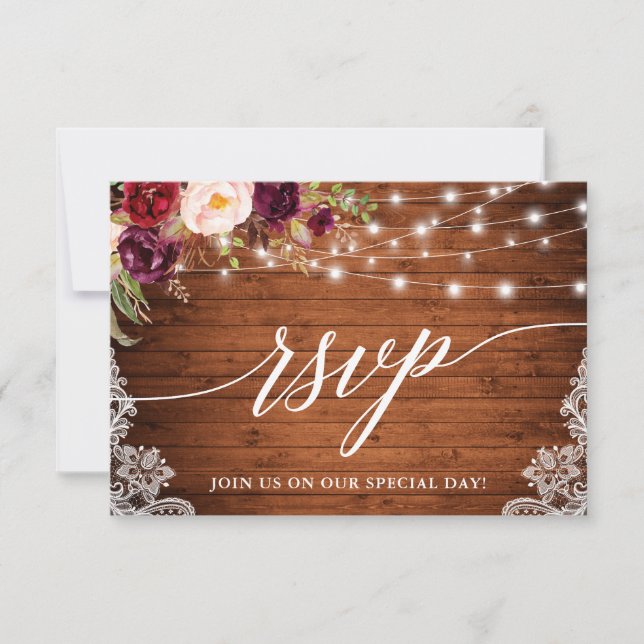 Rustic Burgundy Lights Lace Calligraphy Wedding RSVP Card (Front)