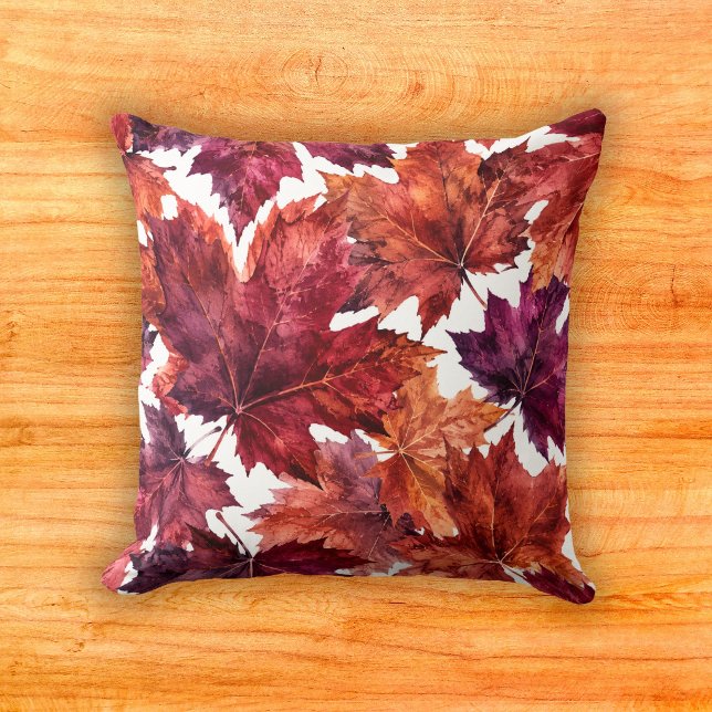 Rustic Burgundy Maple Leaf Watercolor Pattern Throw Pillow (Creator Uploaded)