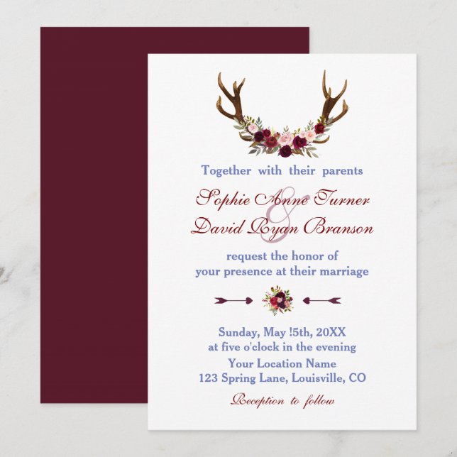 Rustic Burgundy Marsala Floral Antlers Wedding Invitation (Front/Back)