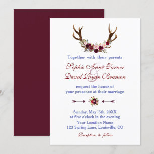 Rustic Burgundy Marsala Floral Antlers Wedding Invitation