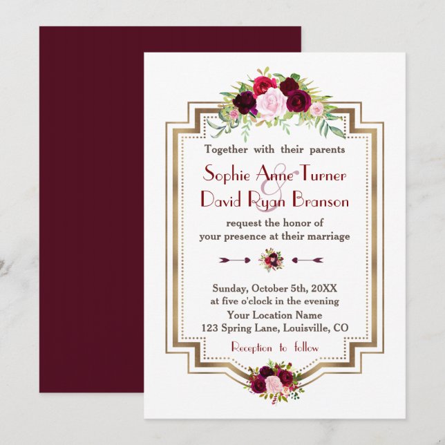 Rustic Burgundy Marsala Floral Gold Fall Wedding Invitation (Front/Back)