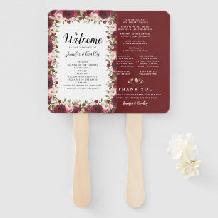 Rustic Burgundy Marsala Floral Wedding Program Hand Fan