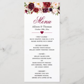 Rustic Burgundy Marsala Red Floral Wedding Menu