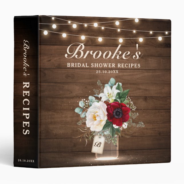 Rustic Burgundy Mason Jar Bridal Shower Recipes Binder (Front/Spine)
