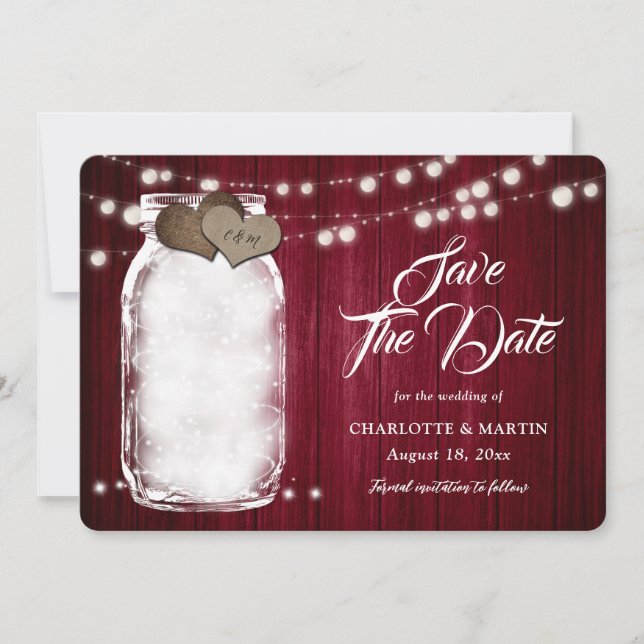 Rustic Burgundy Mason Jar String Lights Wedding Save The Date (Front)