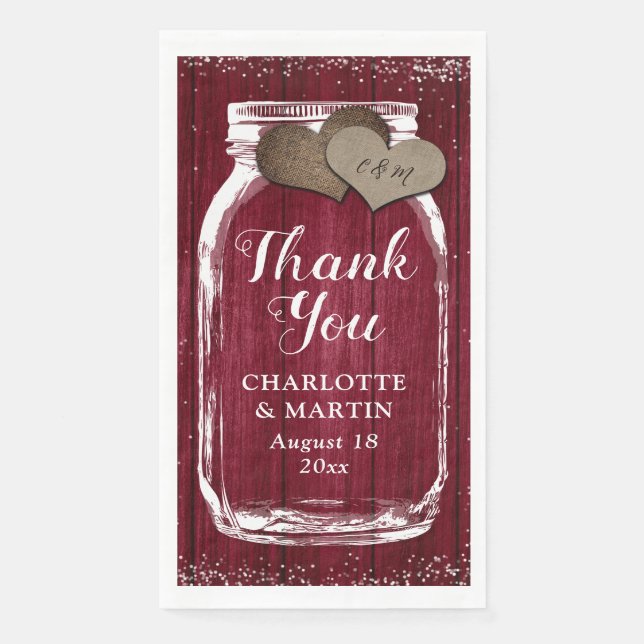 Rustic Burgundy Mason Jar Wood Thank You Wedding Napkin (Front)