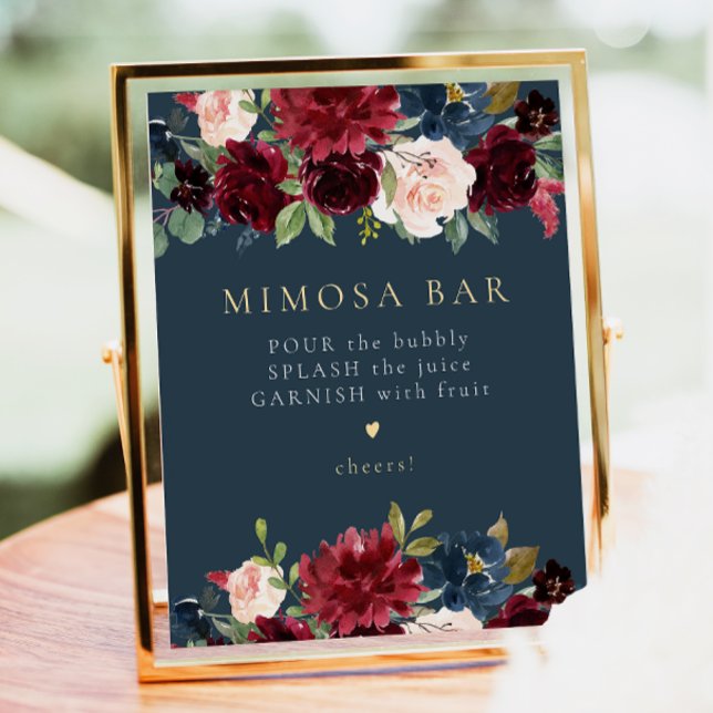 Rustic Burgundy & Navy Blue Floral Mimosa Bar Sign (Creator Uploaded)