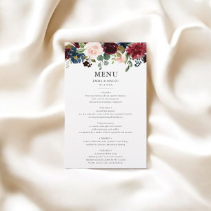 Rustic Burgundy Navy Blue Floral Wedding Menu