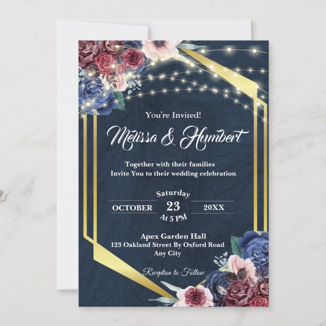Rustic Burgundy Navy Blue Gold Geometric Wedding Invitation (Front)