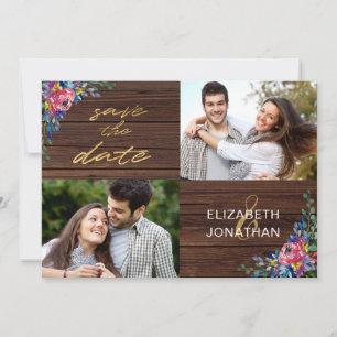 Rustic Burgundy Navy Blue Gold Wood Floral Save The Date