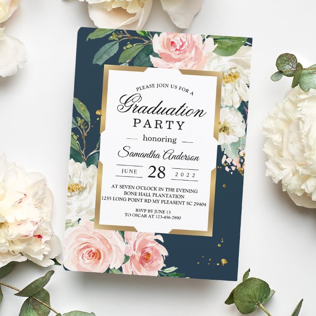Rustic Burgundy Navy Blue & Pink Floral Gold Frame Invitation (Creator Uploaded)