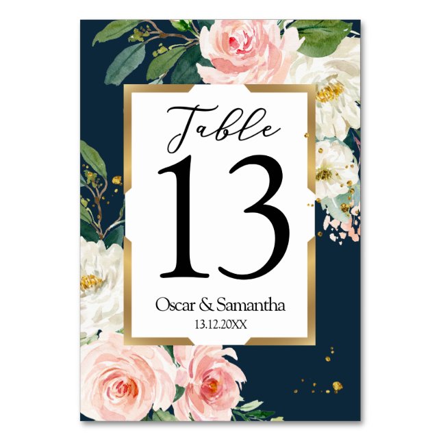 Rustic Burgundy Navy Blue & Pink Floral Gold Frame Table Number (Front)