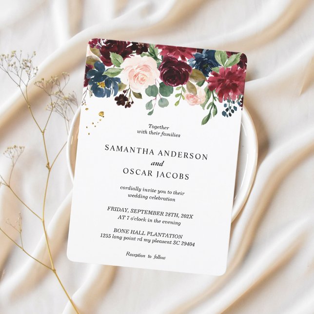 Rustic Burgundy Navy Blue & Red Beauty Flowers  Invitation (Creator Uploaded)