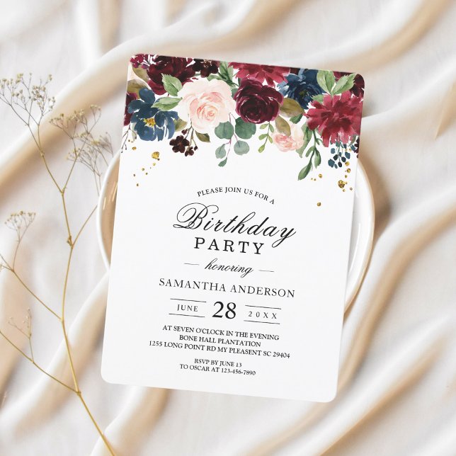 Rustic Burgundy Navy Blue & Red Beauty Flowers  Invitation (Creator Uploaded)