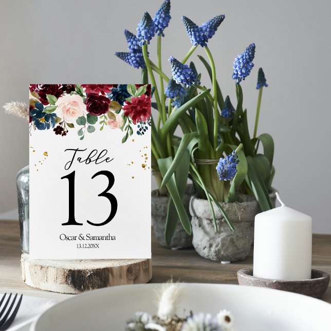 Rustic Burgundy Navy Blue & Red Beauty Flowers  Table Number (Creator Uploaded)