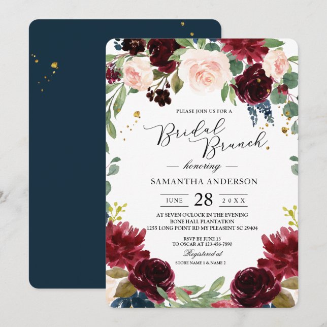 Rustic Burgundy Navy Blue & Red Flowers Frame Invitation (Front/Back)