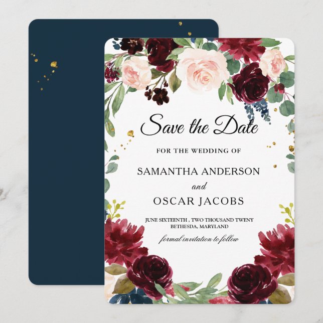 Rustic Burgundy Navy Blue & Red Flowers Frame Save The Date (Front/Back)