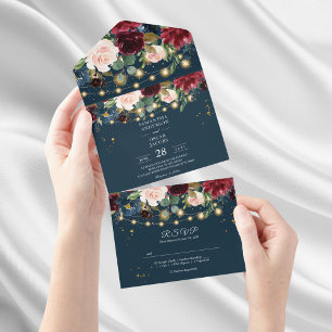 Rustic Burgundy Navy Blue & Red  Flowers  & Lights All In One Invitation