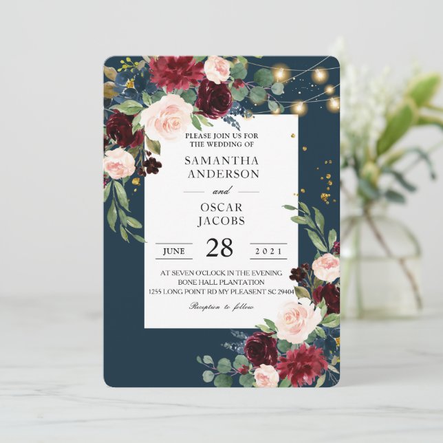 Rustic Burgundy Navy Blue & Red Flowers  & Lights Invitation (Standing Front)