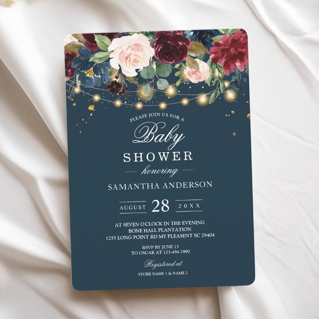 Rustic Burgundy Navy Blue & Red  Flowers  & Lights Invitation (Creator Uploaded)