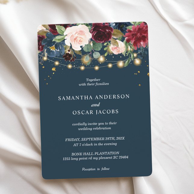 Rustic Burgundy Navy Blue & Red  Flowers  & Lights Invitation (Creator Uploaded)