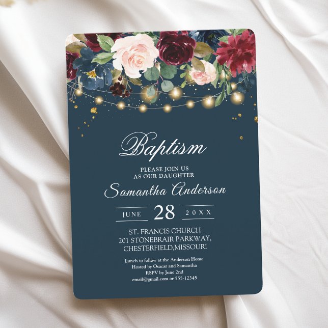 Rustic Burgundy Navy Blue & Red  Flowers  & Lights Invitation (Creator Uploaded)