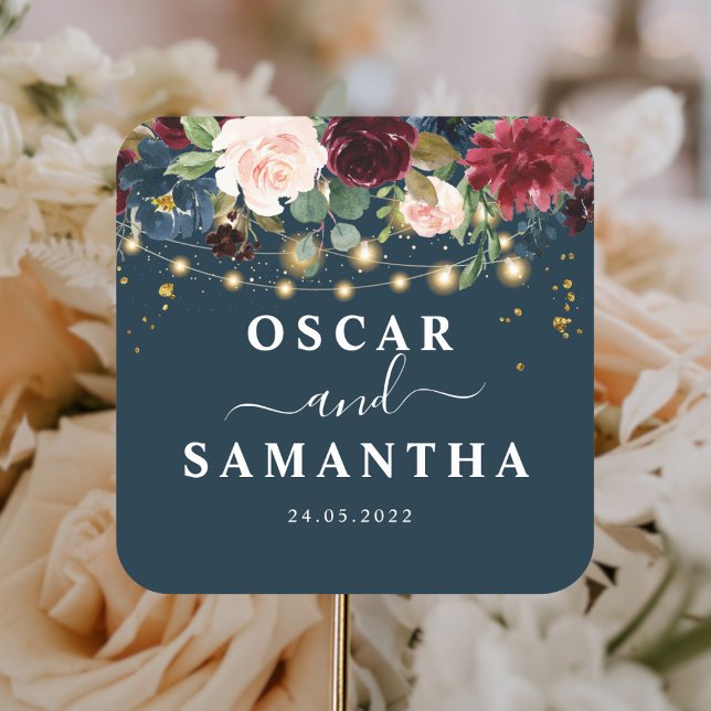 Rustic Burgundy Navy Blue & Red  Flowers  & Lights Square Sticker (Creator Uploaded)